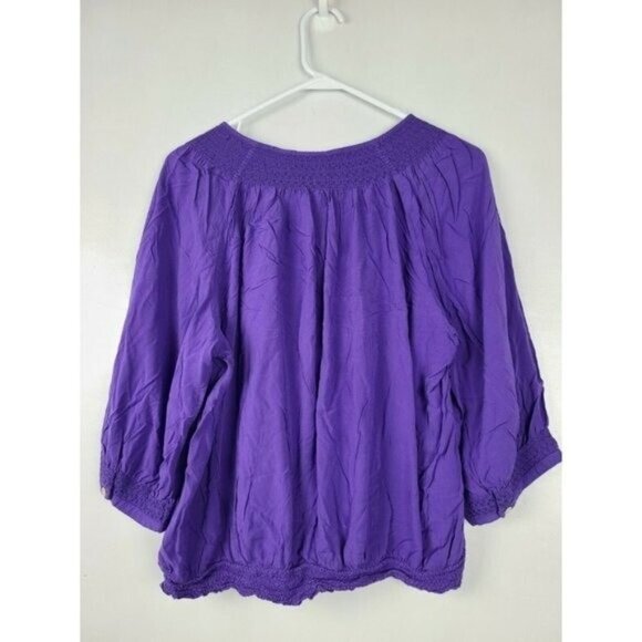 Chicos Womens Blouse Top Large PUrple 3/4 Sleeve Button Up Smocked Peasant BOHO - Picture 2 of 7
